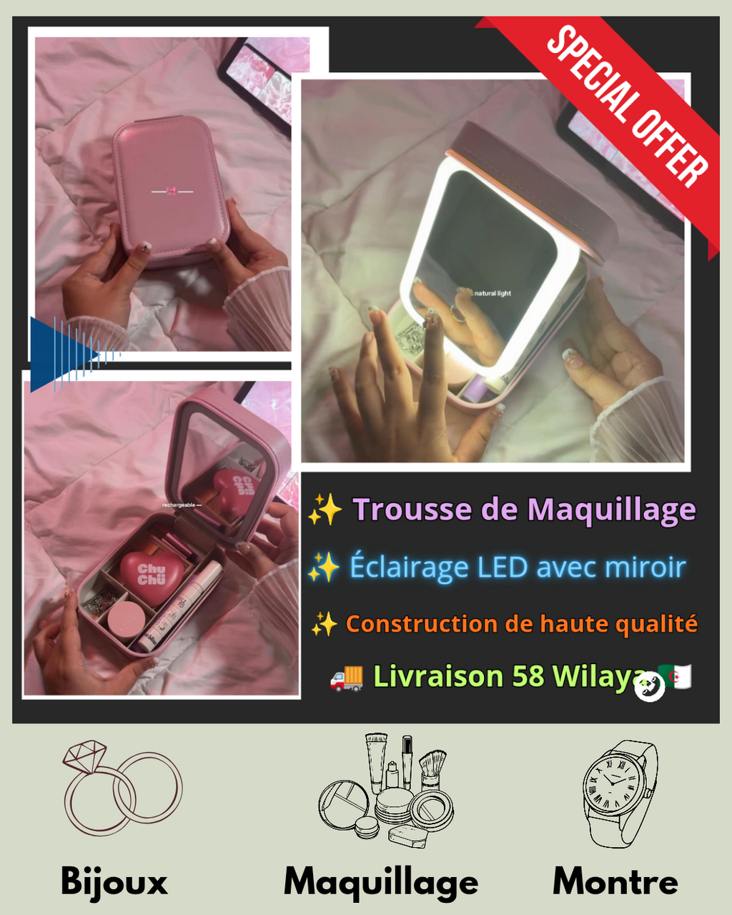 Trousse de Maquillage & Bijoux + 💍Cadeau Gratuit 🎁